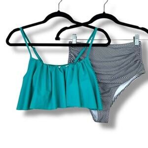 Cupshe Teal Flutter Bikini Top Black Stripe Ruched Bottoms 2 Piece Swimsuit